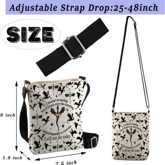 Fantasy Themed Crossbody Handbag - I Will Not Die Today, Dragon Print - Picture 2 of 7